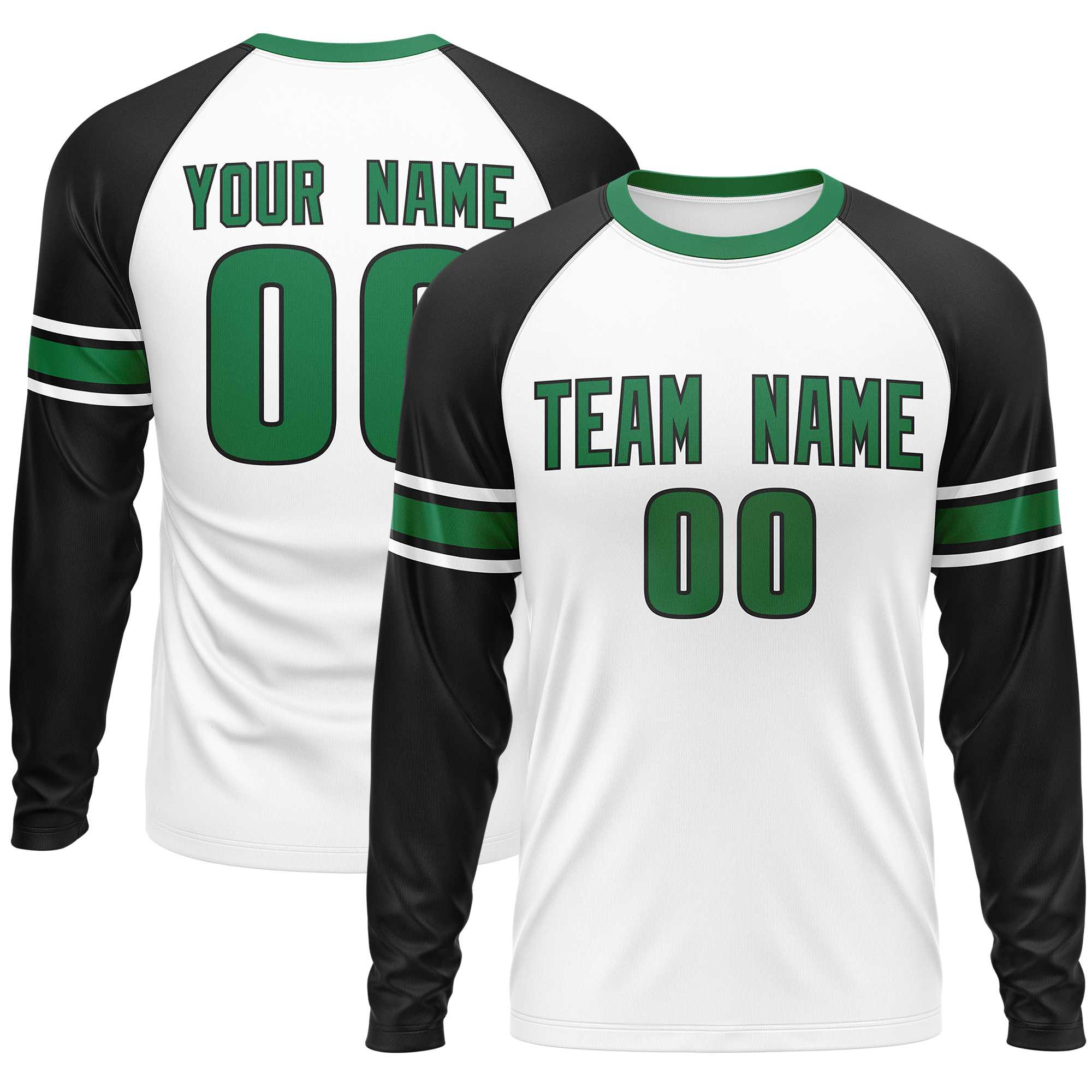 Custom White Black Kelly Green Crew Neck Personalized Raglan Long Sleeve Performance T-shirt