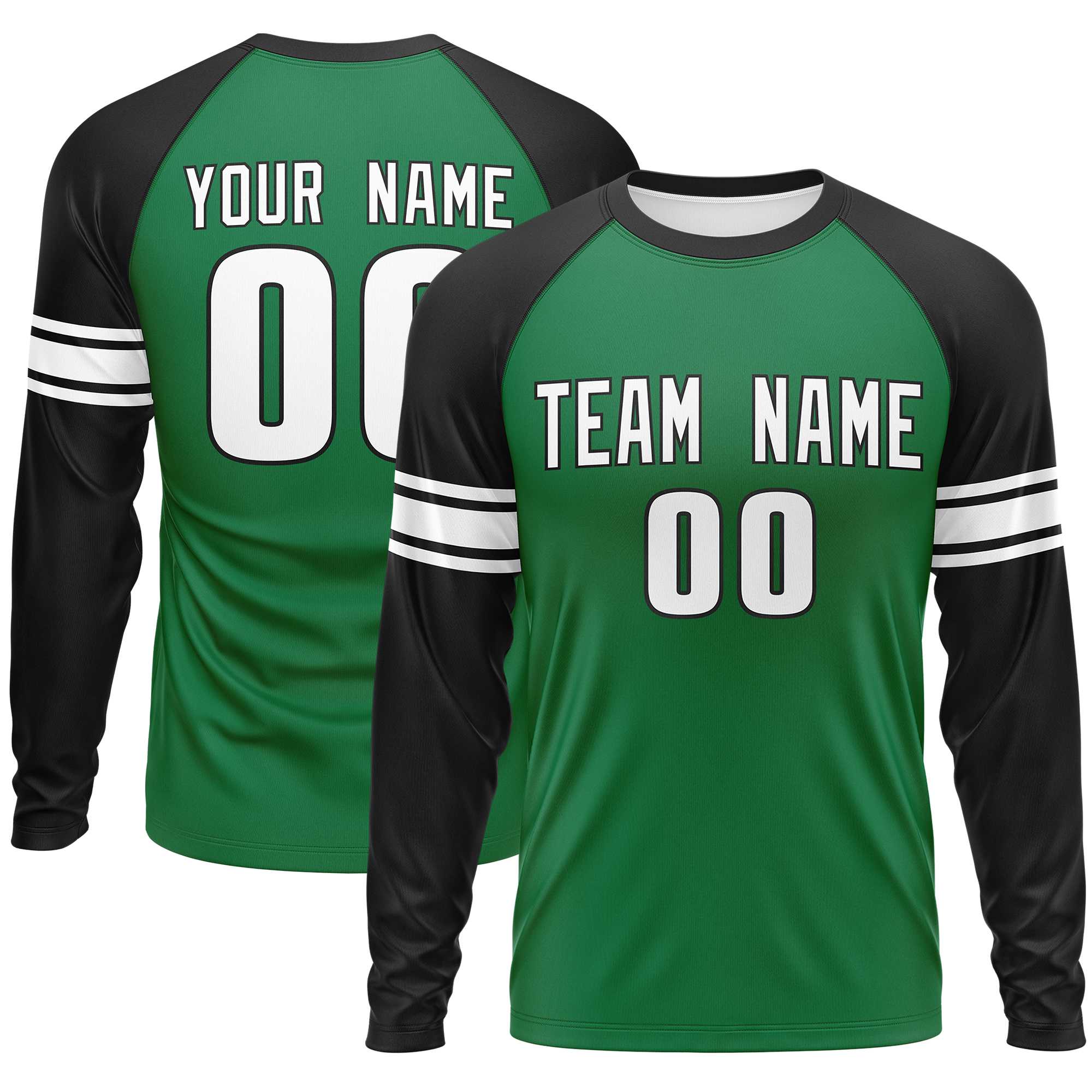 Custom Kelly Green Black White Crew Neck Personalized Raglan Long Sleeve Performance T-shirt