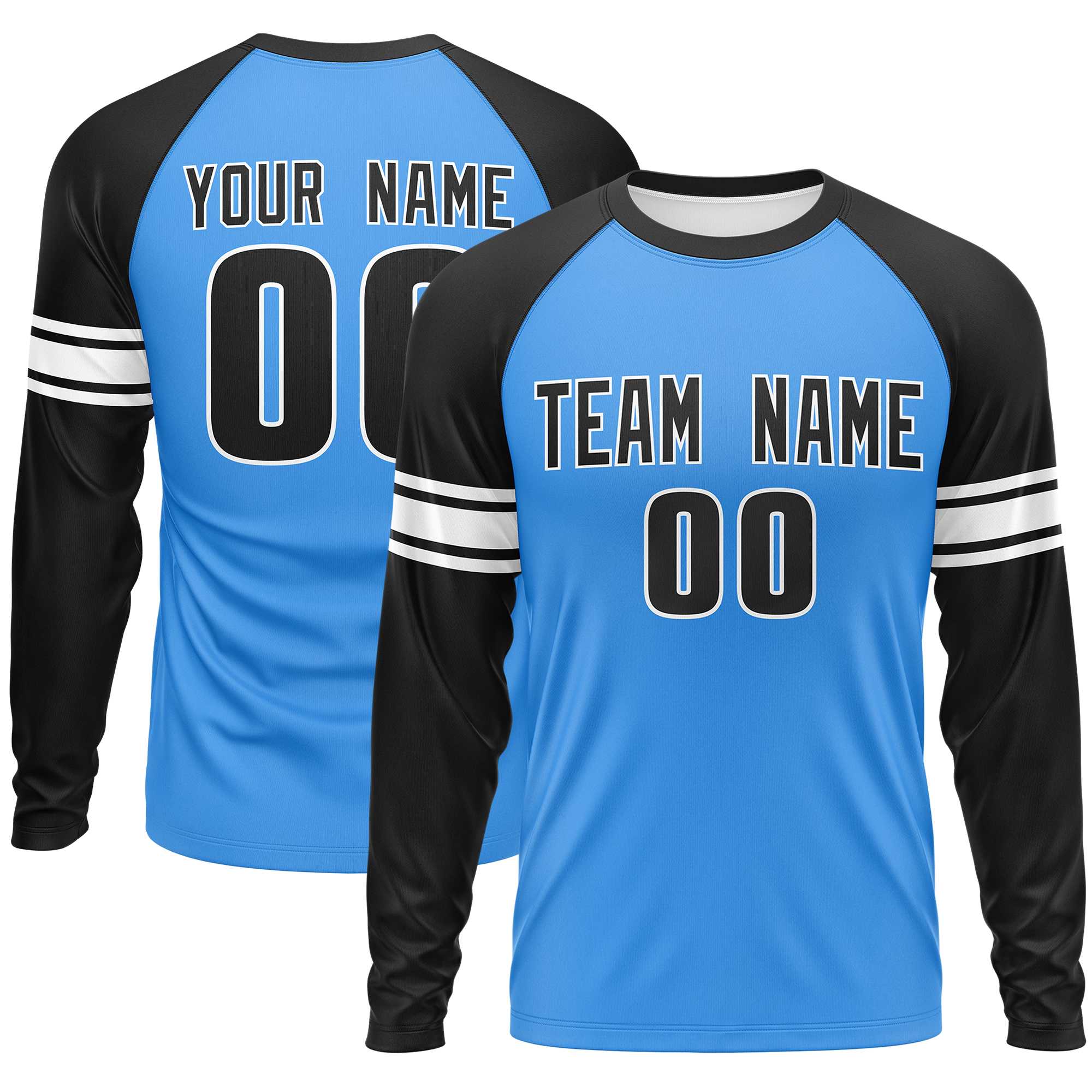 Custom Powder Blue Black White Crew Neck Personalized Raglan Long Sleeve Performance T-shirt