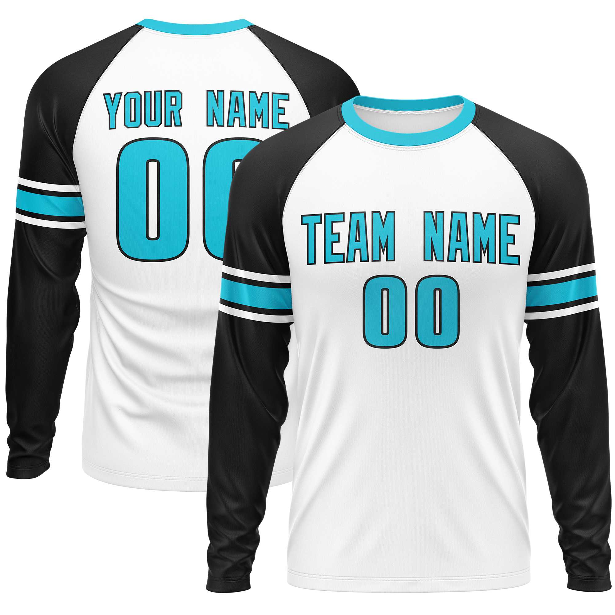 Custom White Black Sky Blue Crew Neck Personalized Raglan Long Sleeve Performance T-shirt