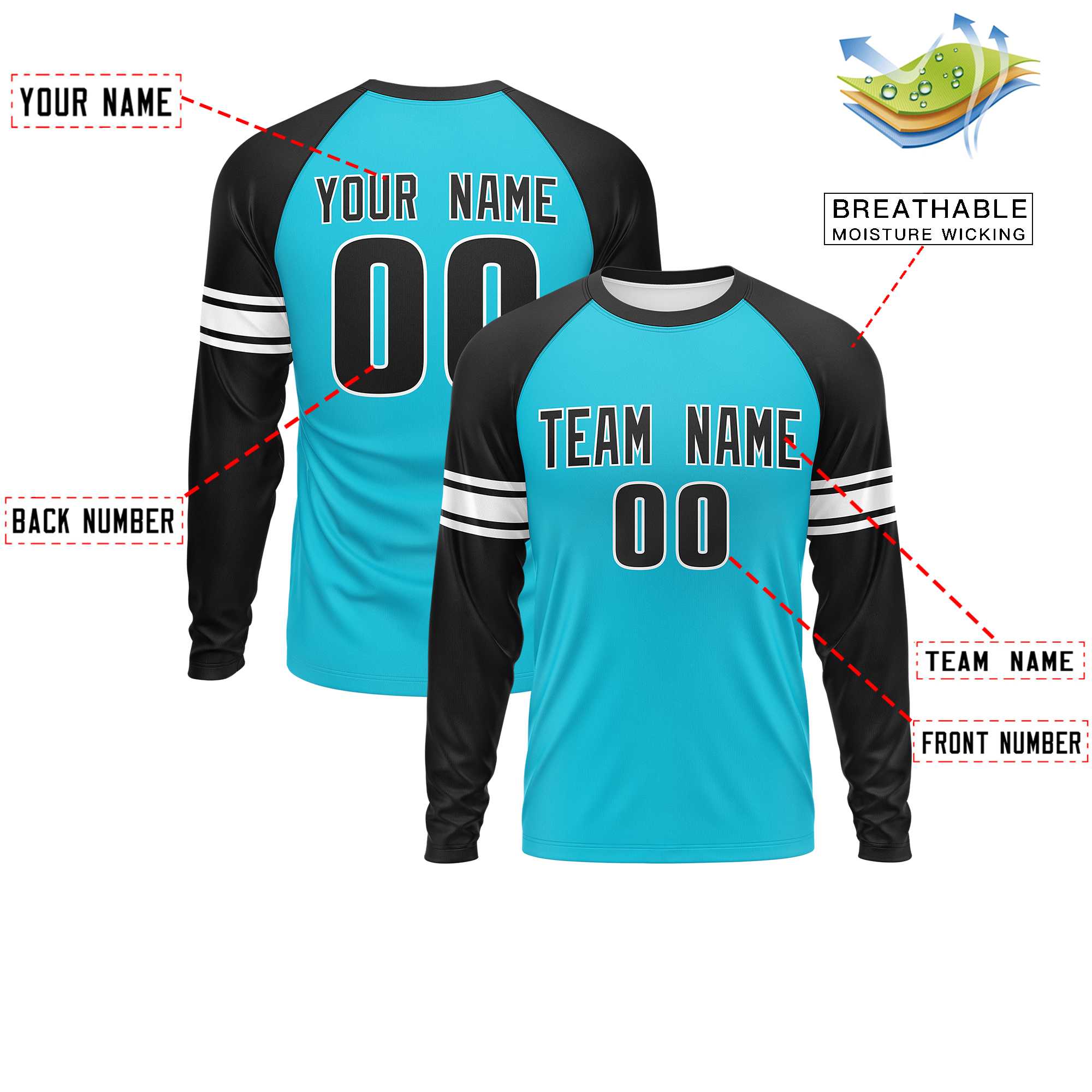 Custom Sky Blue Black White Crew Neck Personalized Raglan Long Sleeve Performance T-shirt