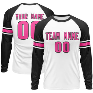 Custom White Black Pink Crew Neck Personalized Raglan Long Sleeve Performance T-shirt