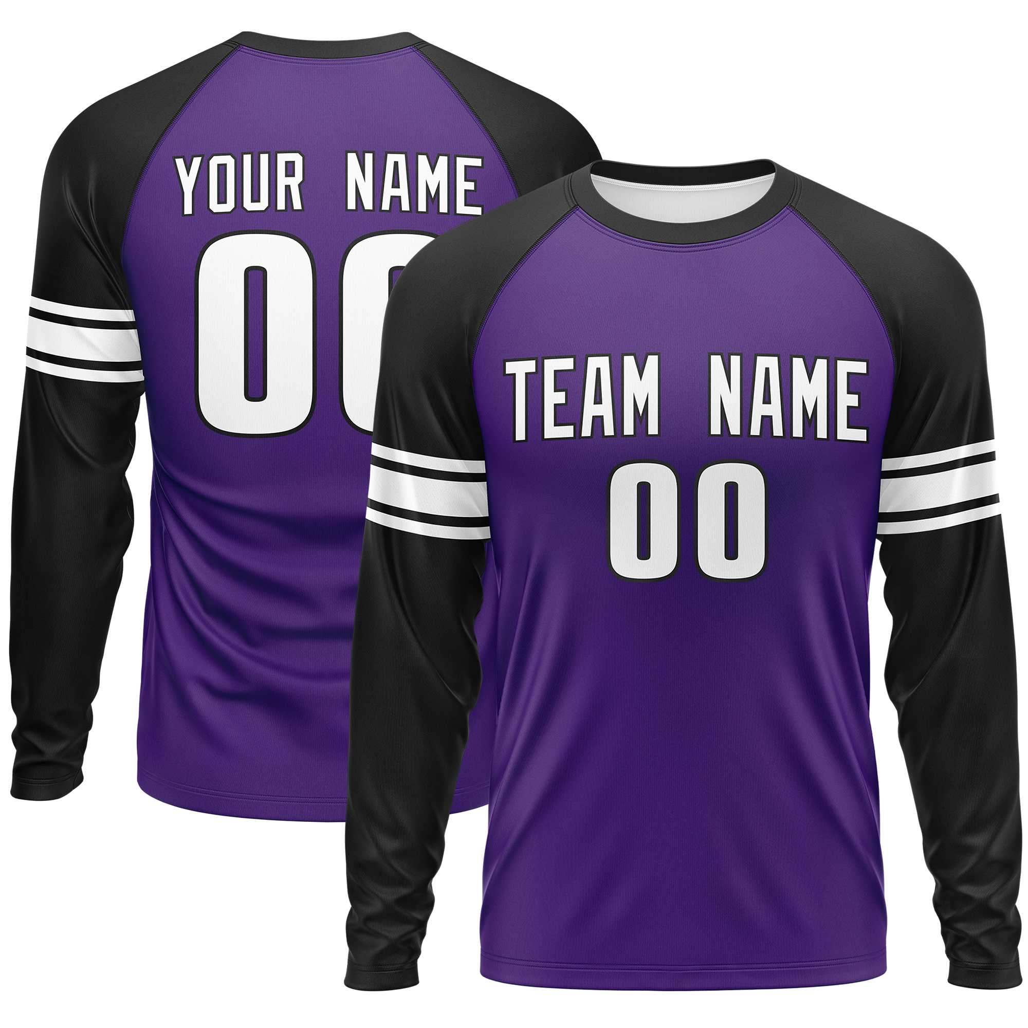 Custom Purple Black White Crew Neck Personalized Raglan Long Sleeve Performance T-shirt