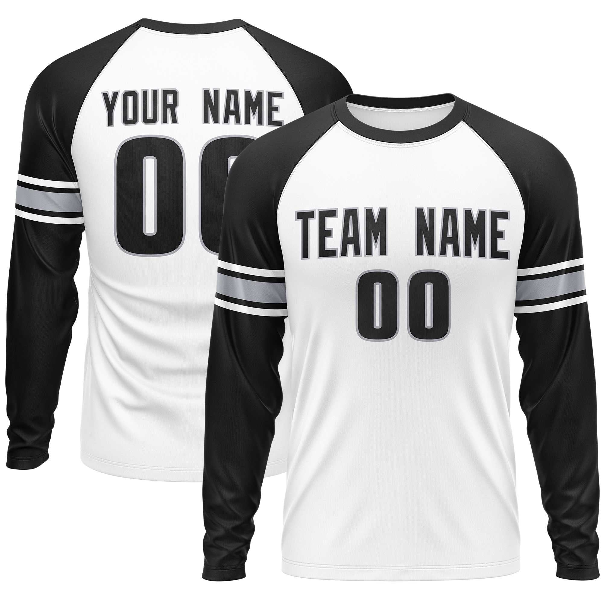 Custom White Black Gray Crew Neck Personalized Raglan Long Sleeve Performance T-shirt