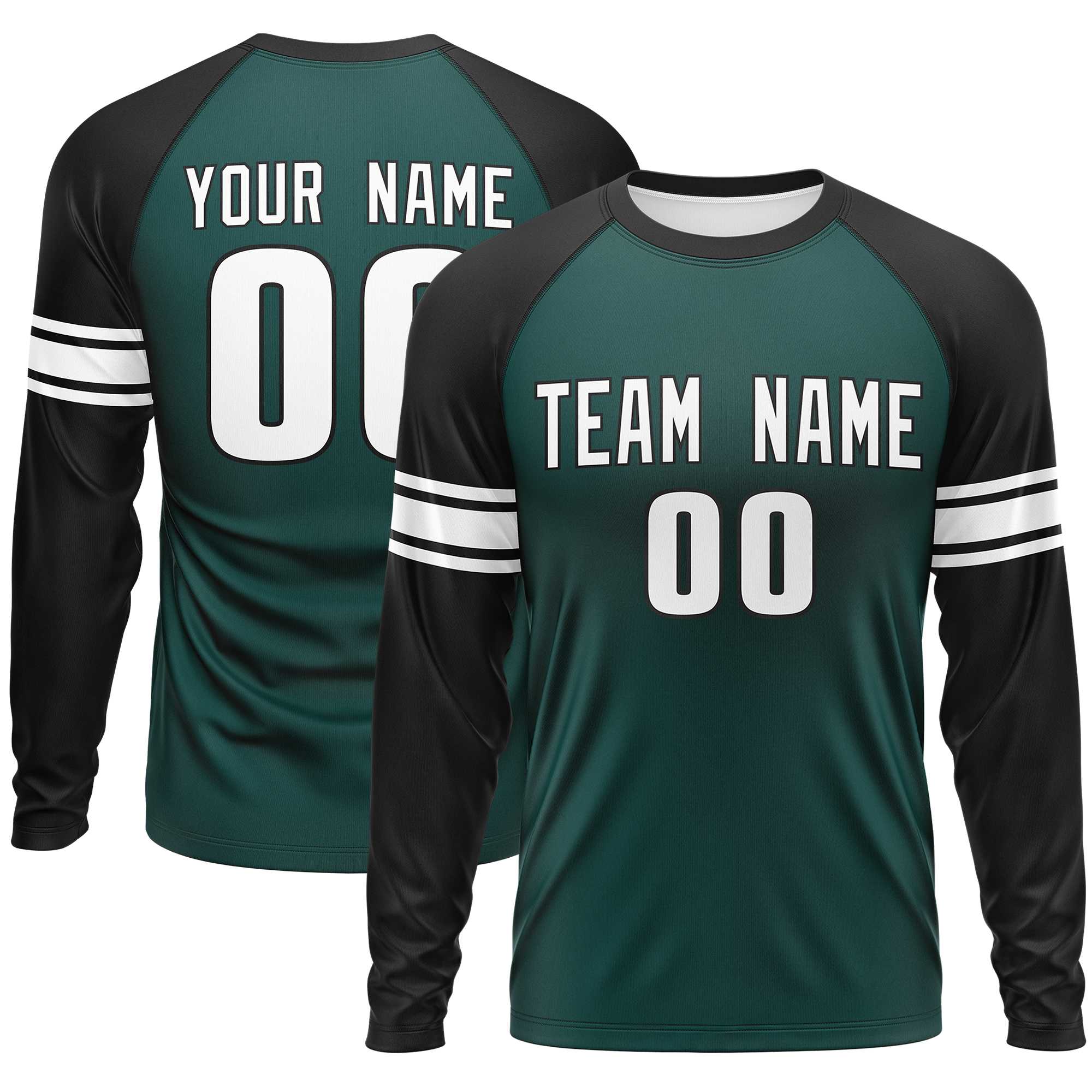 Custom Midnight Green Black White Crew Neck Personalized Raglan Long Sleeve Performance T-shirt