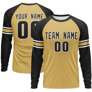 Custom Old Gold Black White Crew Neck Personalized Raglan Long Sleeve Performance T-shirt