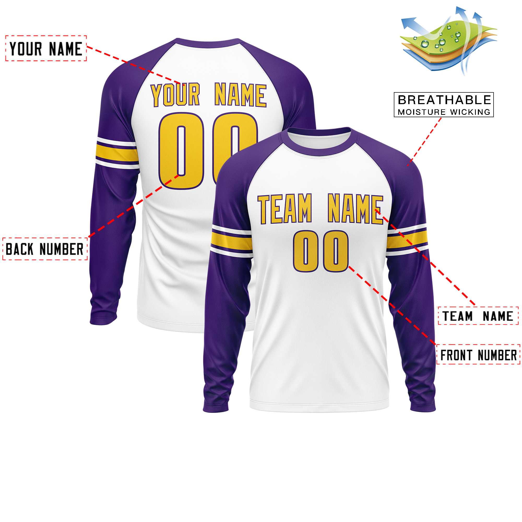 Custom White Purple Gold Crew Neck Personalized Raglan Long Sleeve Performance T-shirt