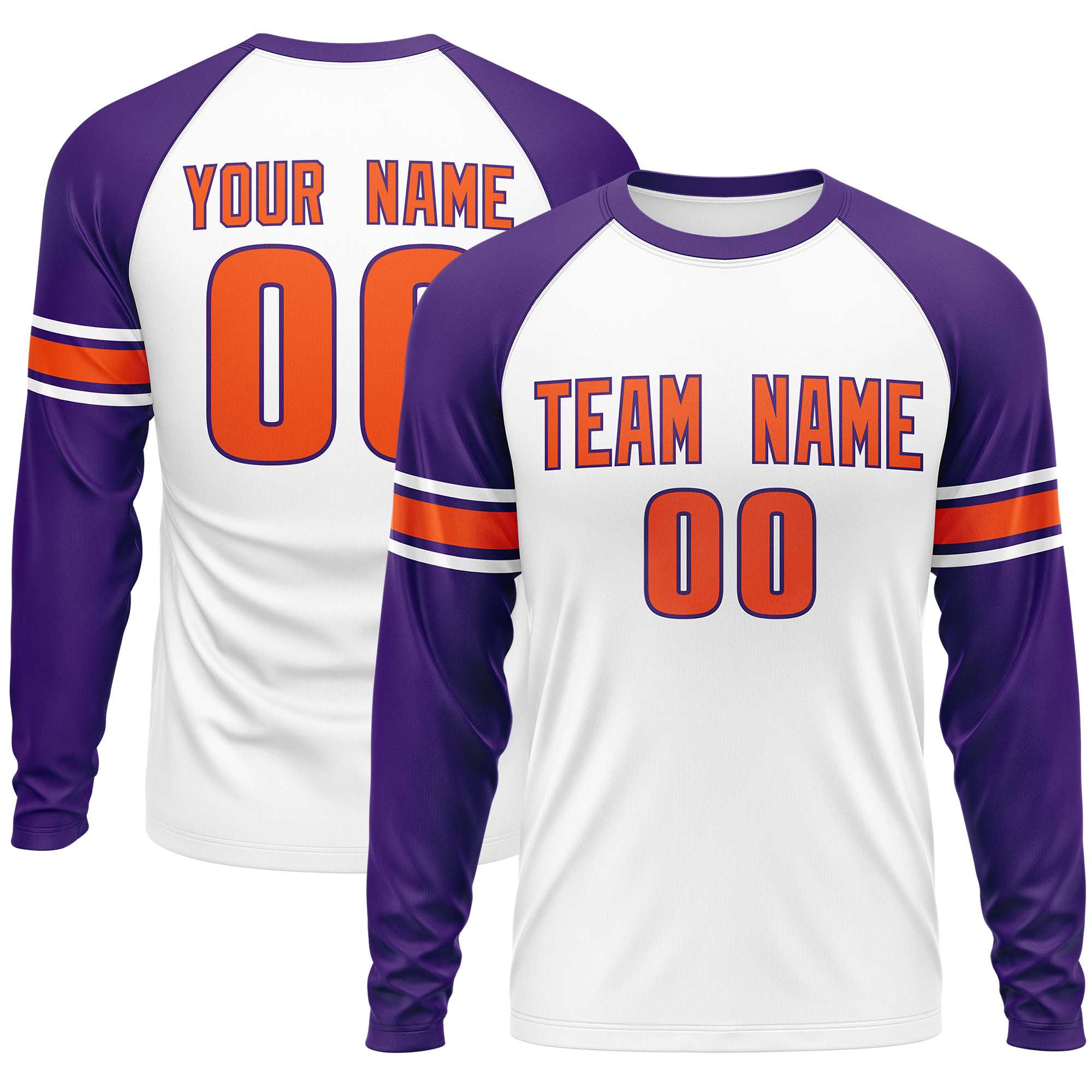 Custom White Purple Orange Crew Neck Personalized Raglan Long Sleeve Performance T-shirt