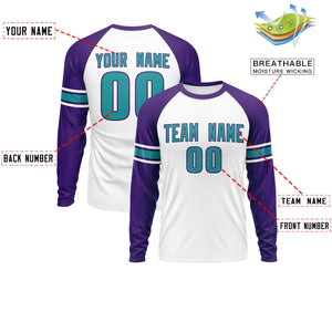 Custom White Purple Aqua Crew Neck Personalized Raglan Long Sleeve Performance T-shirt