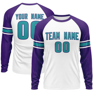 Custom White Purple Aqua Crew Neck Personalized Raglan Long Sleeve Performance T-shirt