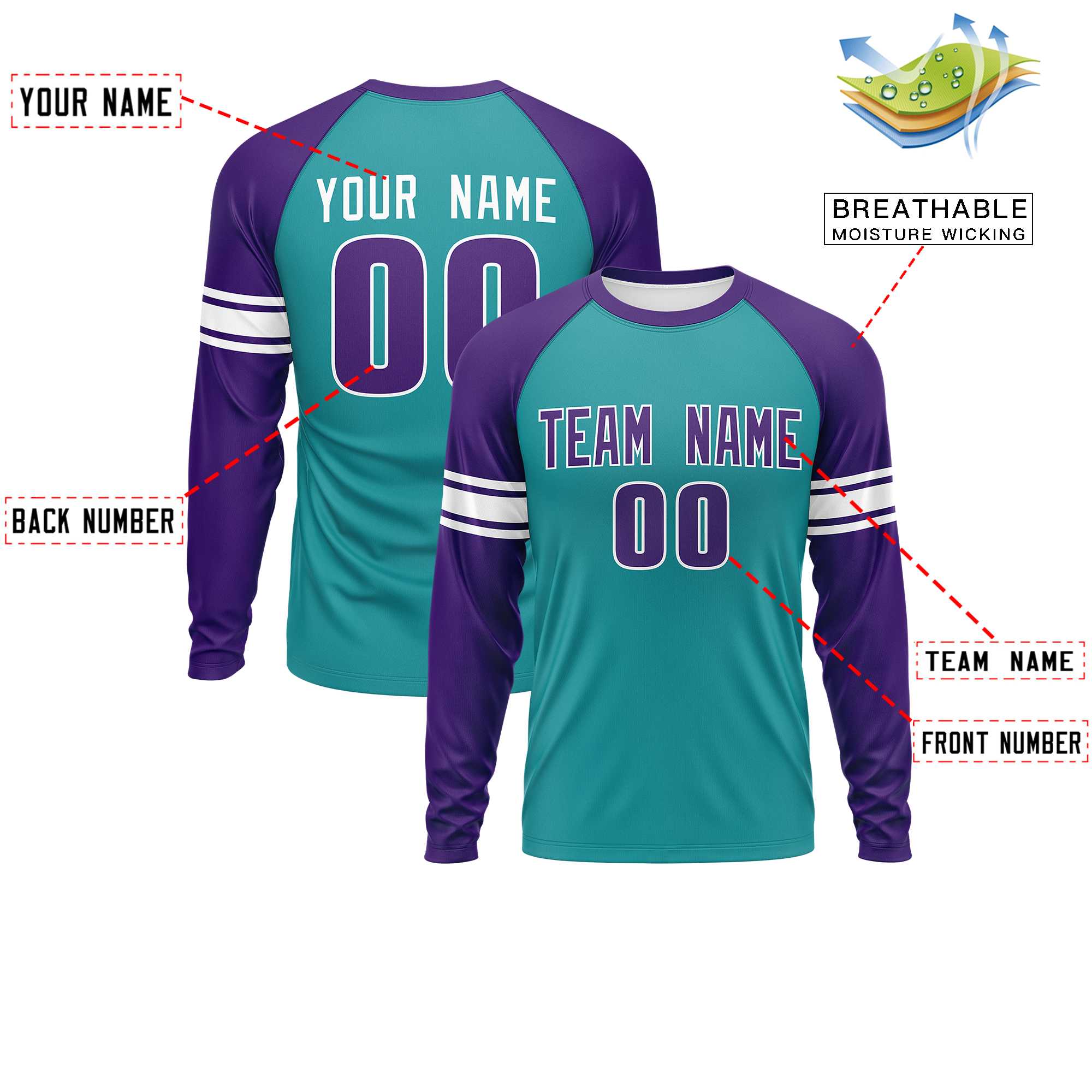 Custom Aqua Purple White Crew Neck Personalized Raglan Long Sleeve Performance T-shirt