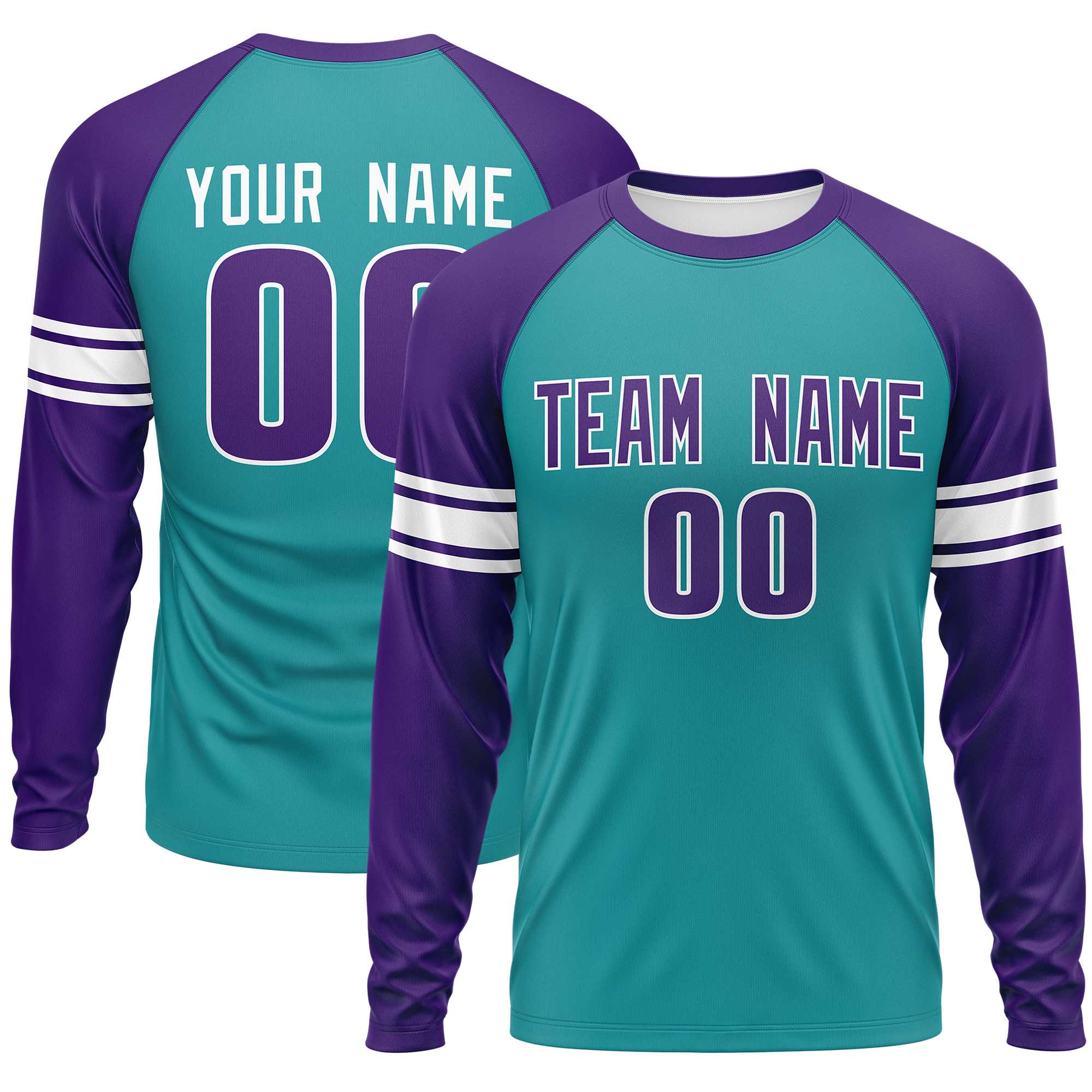 Custom Aqua Purple White Crew Neck Personalized Raglan Long Sleeve Performance T-shirt