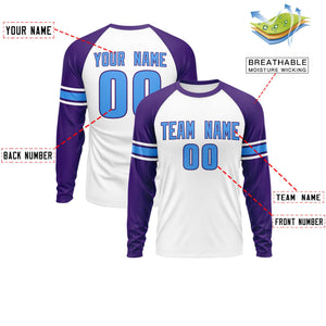 Custom White Purple Powder Blue Crew Neck Personalized Raglan Long Sleeve Performance T-shirt