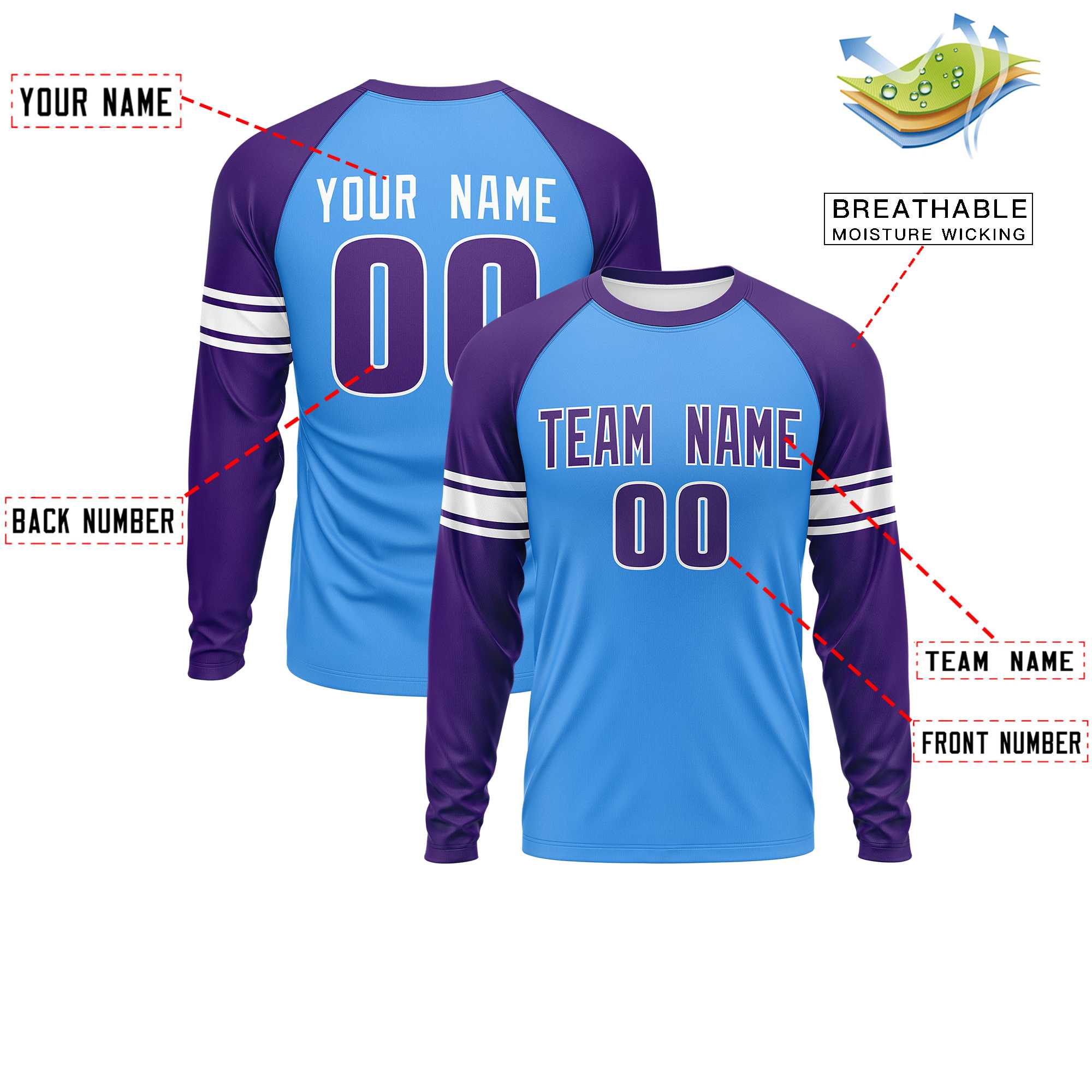 Custom Powder Blue Purple White Crew Neck Personalized Raglan Long Sleeve Performance T-shirt