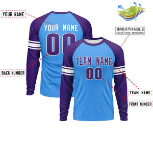 Custom Powder Blue Purple White Crew Neck Personalized Raglan Long Sleeve Performance T-shirt