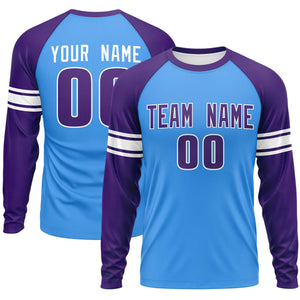 Custom Powder Blue Purple White Crew Neck Personalized Raglan Long Sleeve Performance T-shirt