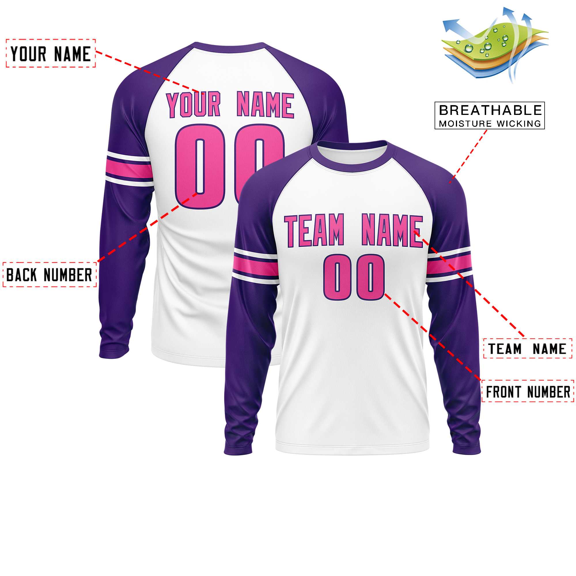 Custom White Purple Pink Crew Neck Personalized Raglan Long Sleeve Performance T-shirt