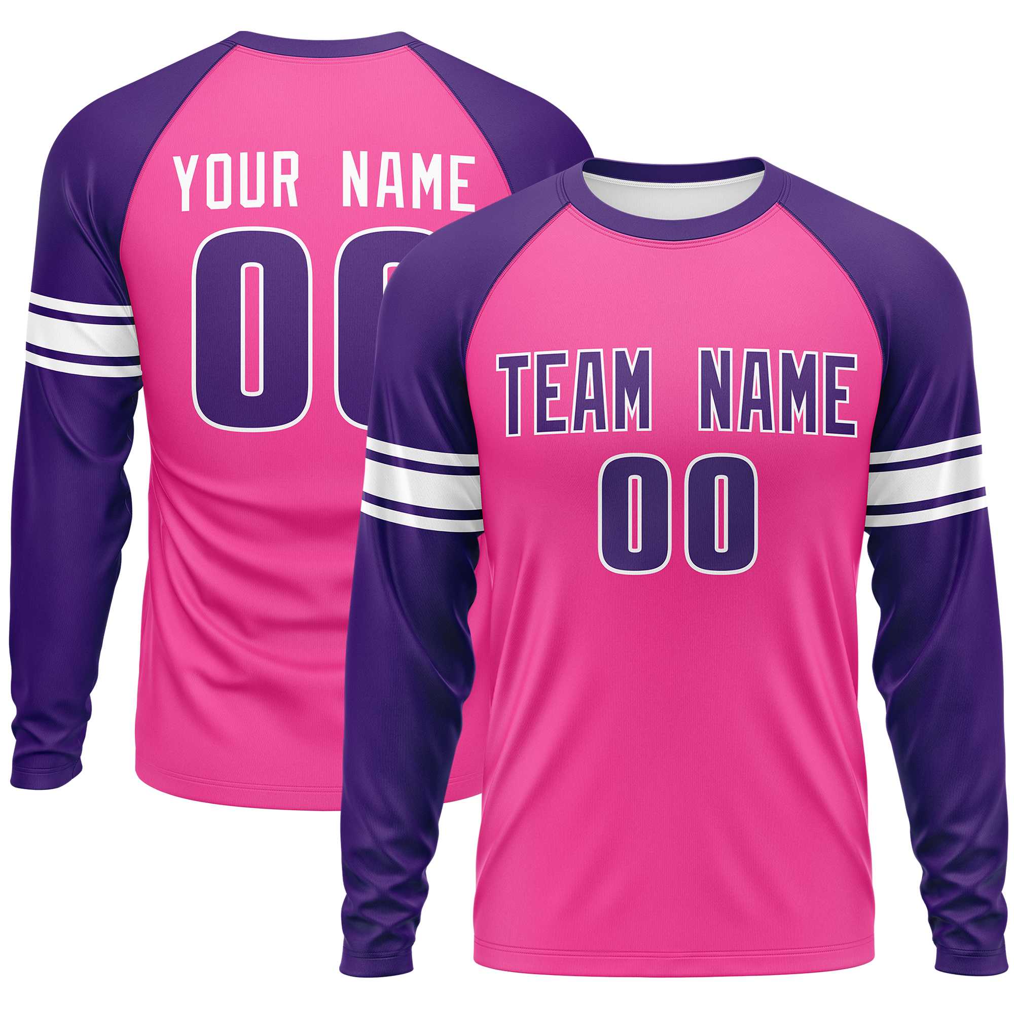 Custom Pink Purple White Crew Neck Personalized Raglan Long Sleeve Performance T-shirt