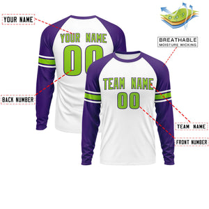 Custom White Purple Neon Green Crew Neck Personalized Raglan Long Sleeve Performance T-shirt