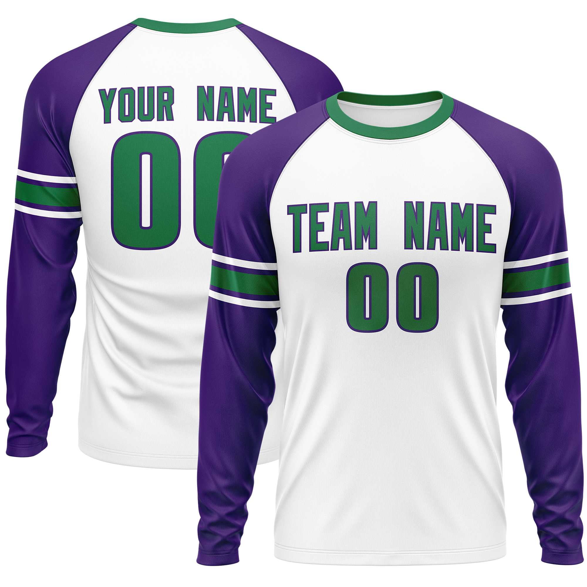 Custom White Purple Kelly Green Crew Neck Personalized Raglan Long Sleeve Performance T-shirt