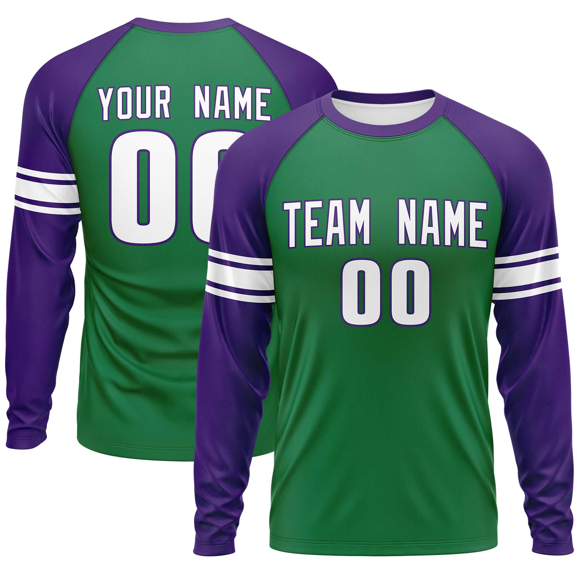 Custom Kelly Green Purple White Crew Neck Personalized Raglan Long Sleeve Performance T-shirt