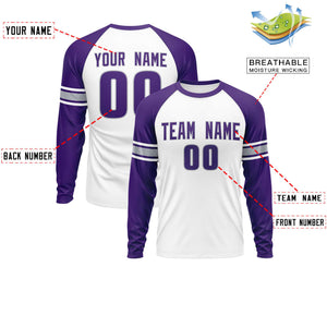 Custom White Purple Gray Crew Neck Personalized Raglan Long Sleeve Performance T-shirt