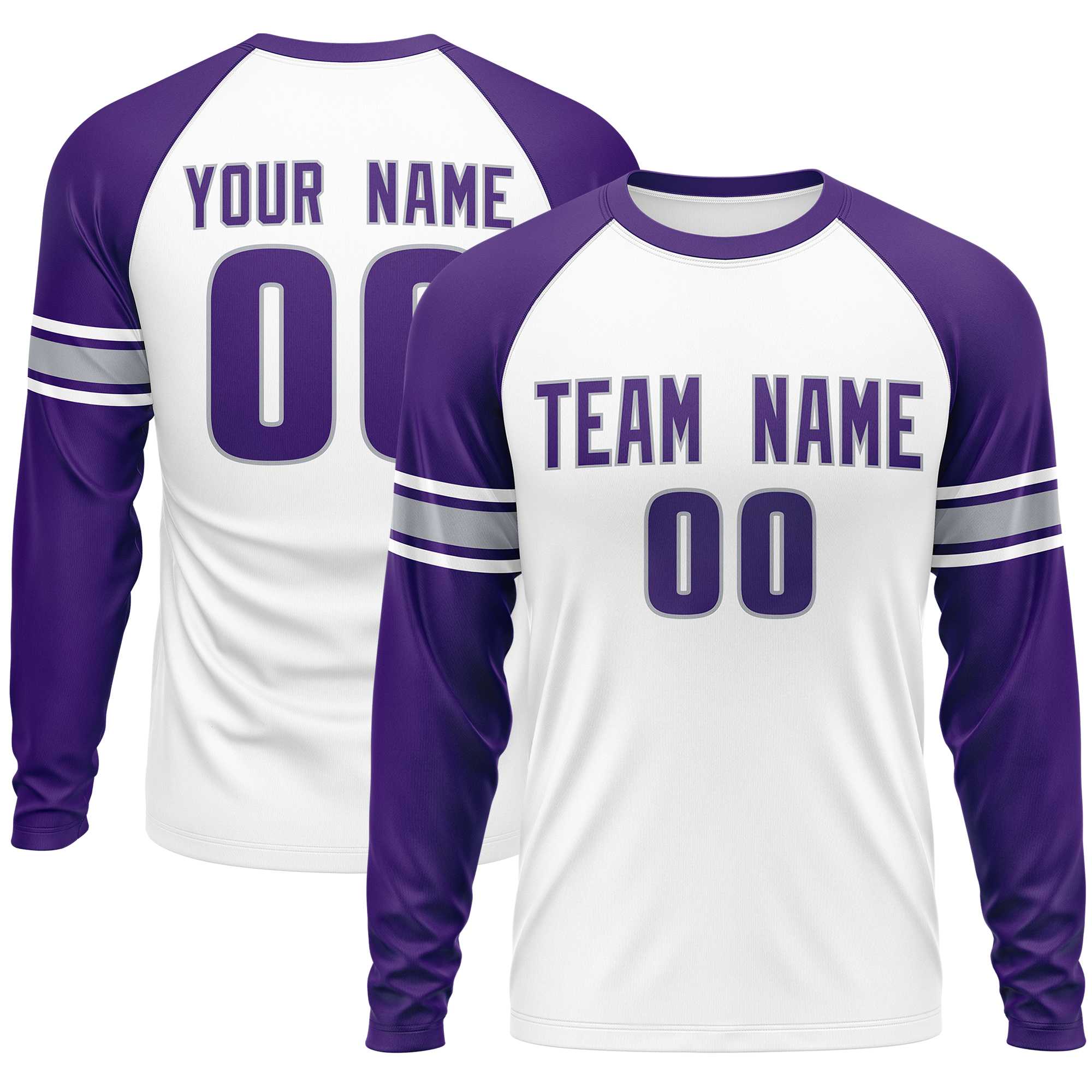 Custom White Purple Gray Crew Neck Personalized Raglan Long Sleeve Performance T-shirt