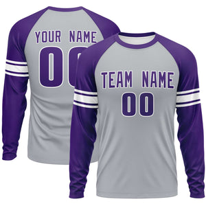 Custom Gray Purple White Crew Neck Personalized Raglan Long Sleeve Performance T-shirt