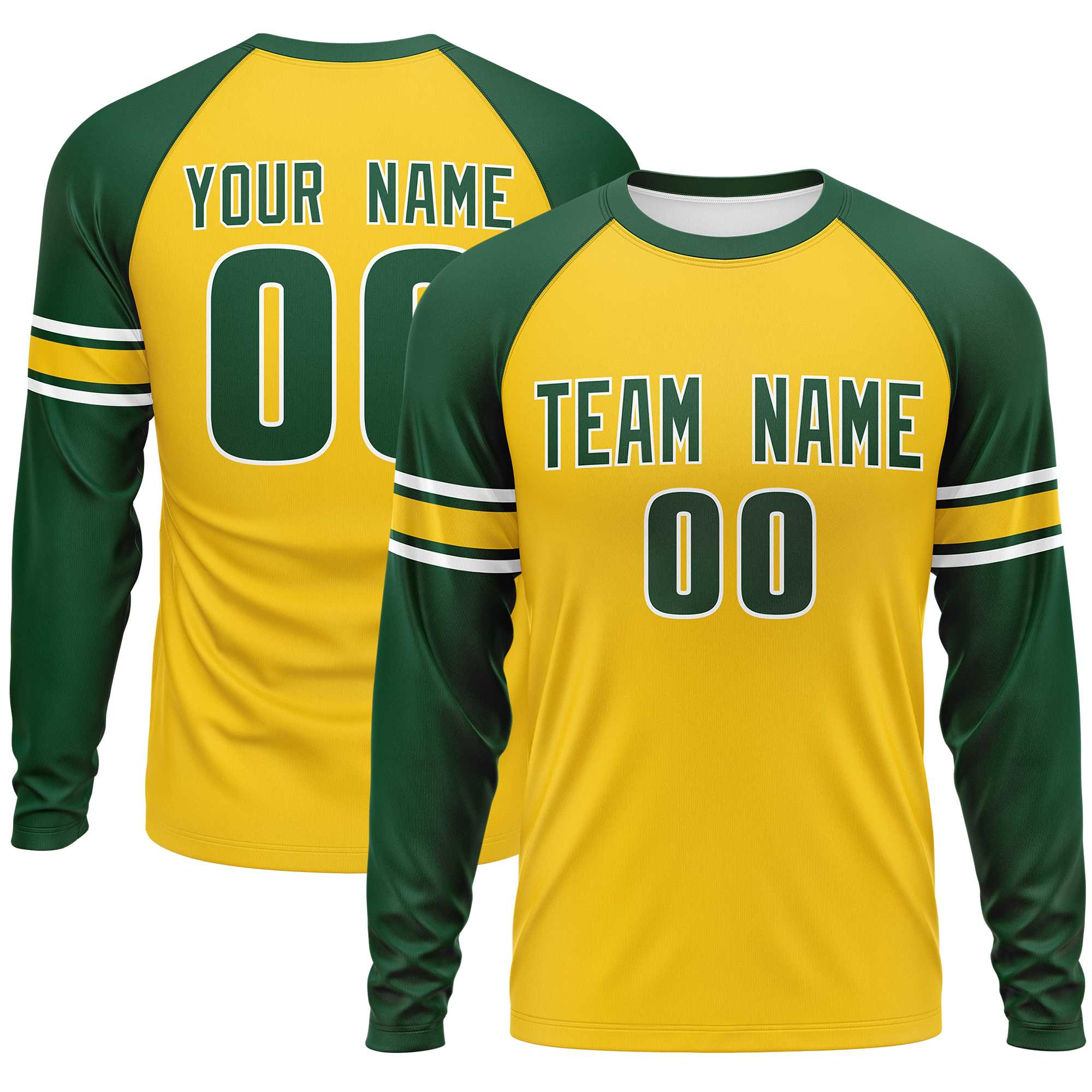 Custom Gold Green White Crew Neck Personalized Raglan Long Sleeve Performance T-shirt