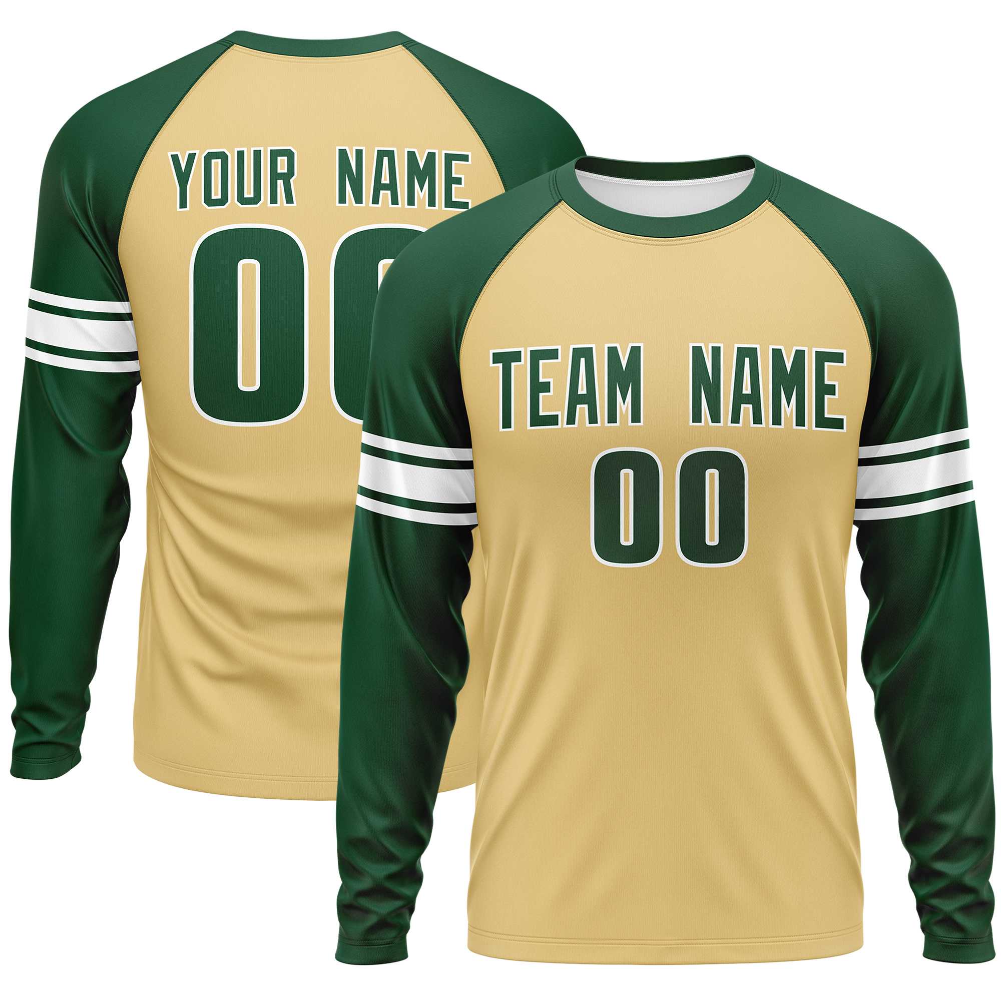 Custom Khaki Green White Crew Neck Personalized Raglan Long Sleeve Performance T-shirt