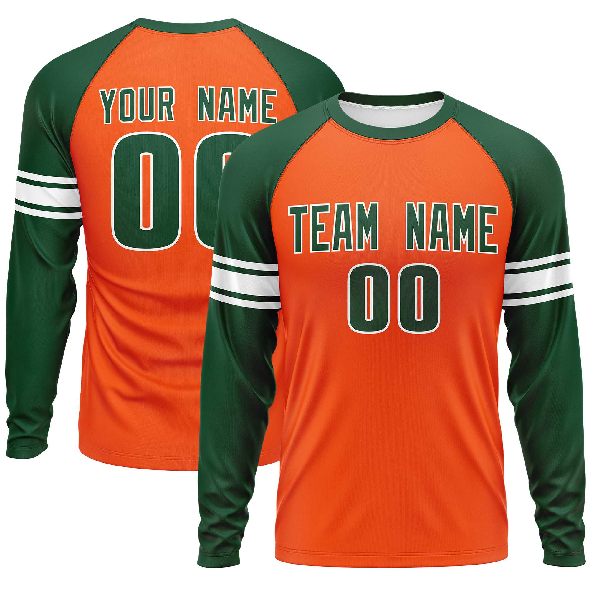 Custom Orange Green White Crew Neck Personalized Raglan Long Sleeve Performance T-shirt