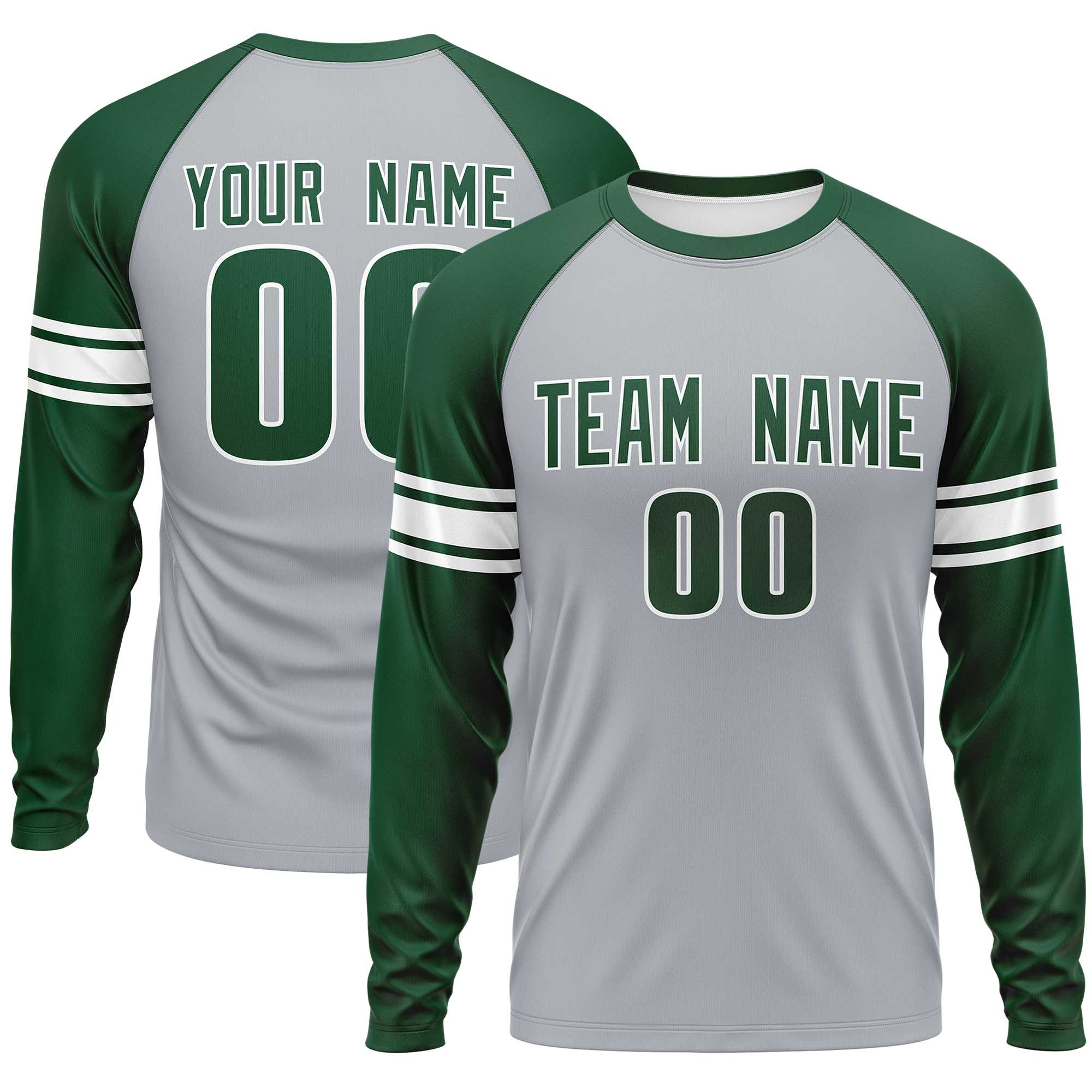 Custom Gray Green White Crew Neck Personalized Raglan Long Sleeve Performance T-shirt