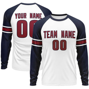 Custom White Navy Crimson Crew Neck Personalized Raglan Long Sleeve Performance T-shirt