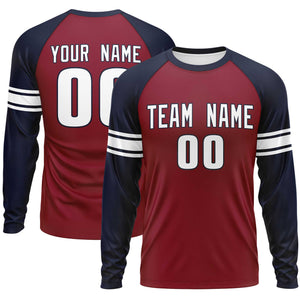 Custom Crimson Navy White Crew Neck Personalized Raglan Long Sleeve Performance T-shirt