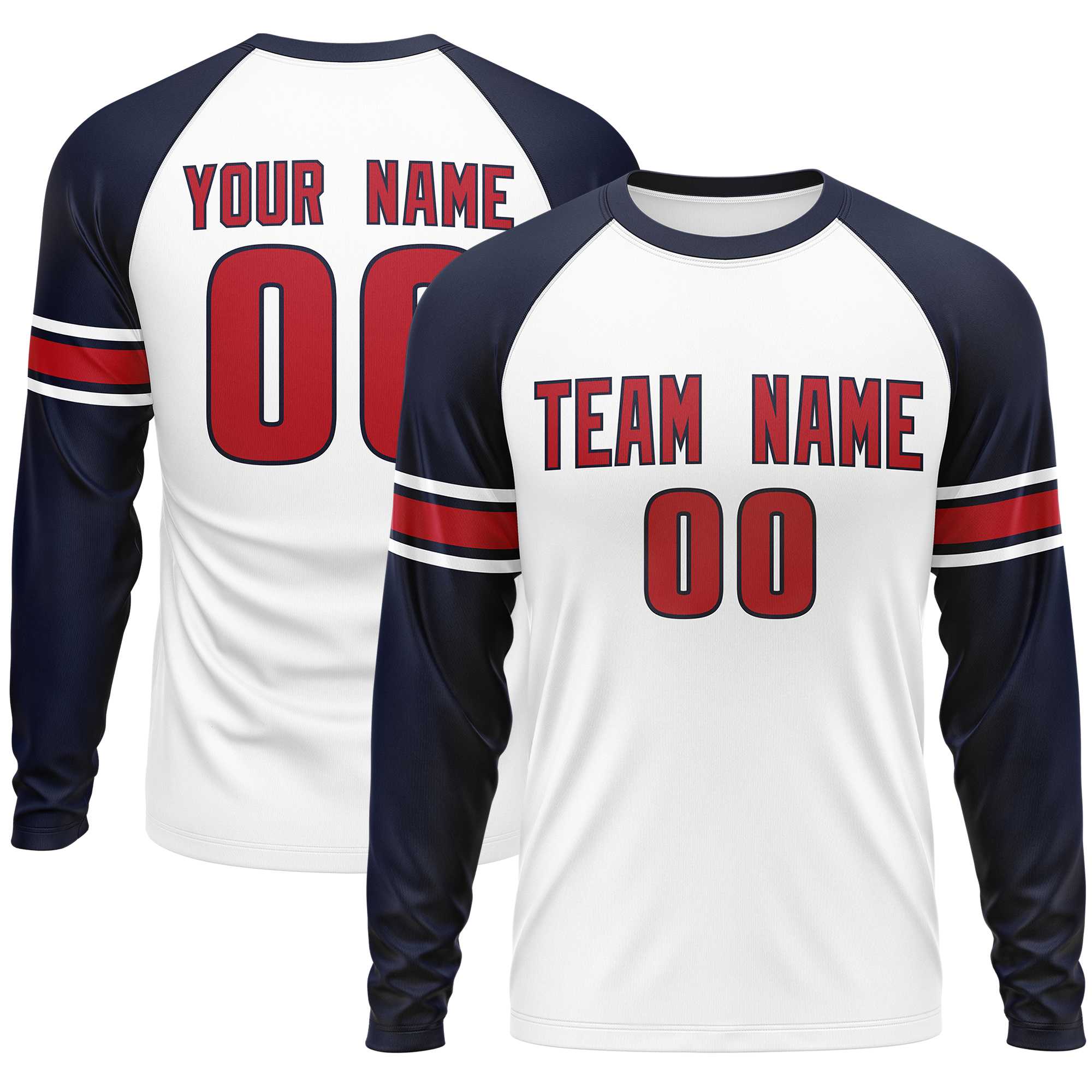 Custom White Navy Red Crew Neck Personalized Raglan Long Sleeve Performance T-shirt