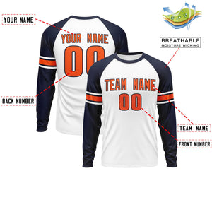 Custom White Navy Orange Crew Neck Personalized Raglan Long Sleeve Performance T-shirt