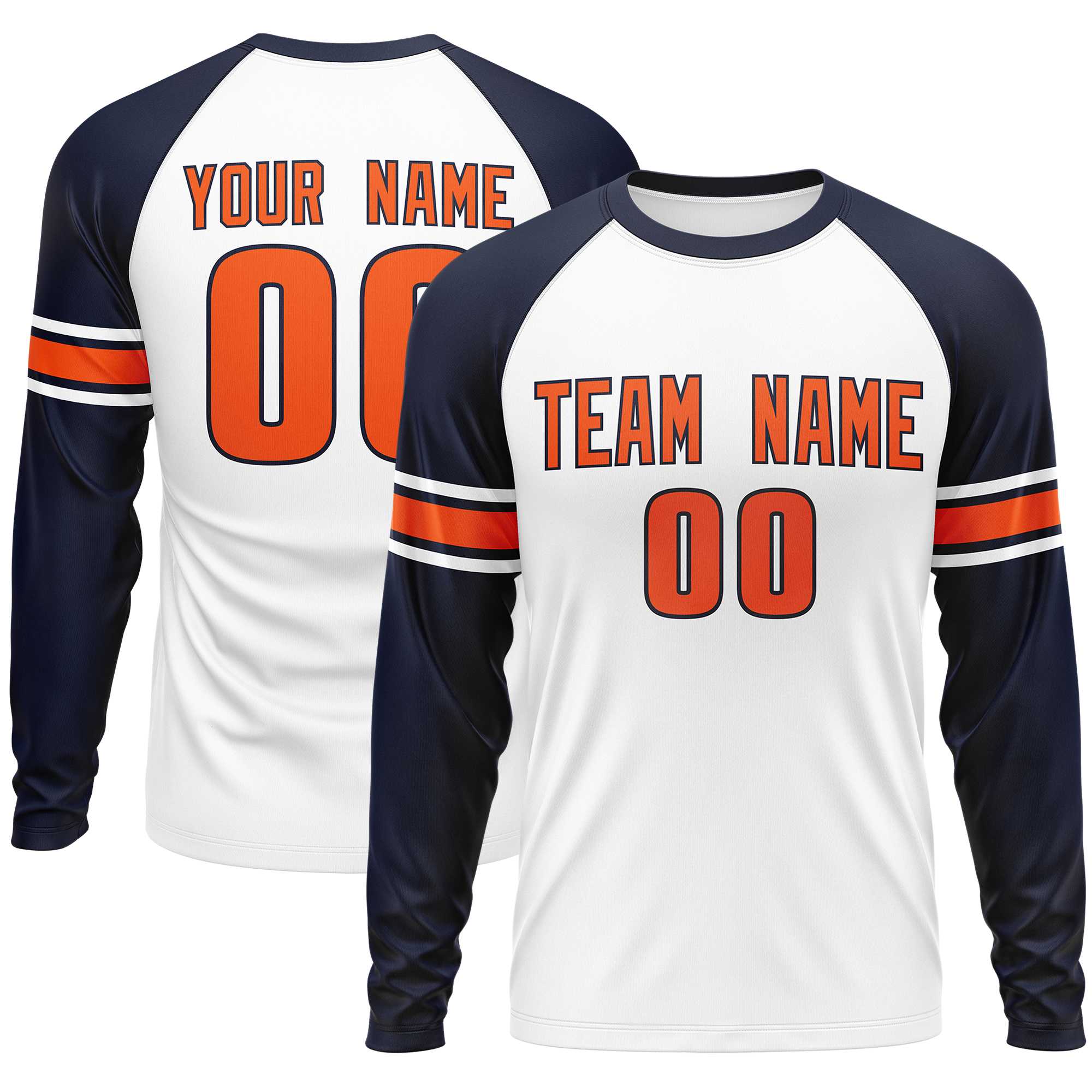 Custom White Navy Orange Crew Neck Personalized Raglan Long Sleeve Performance T-shirt