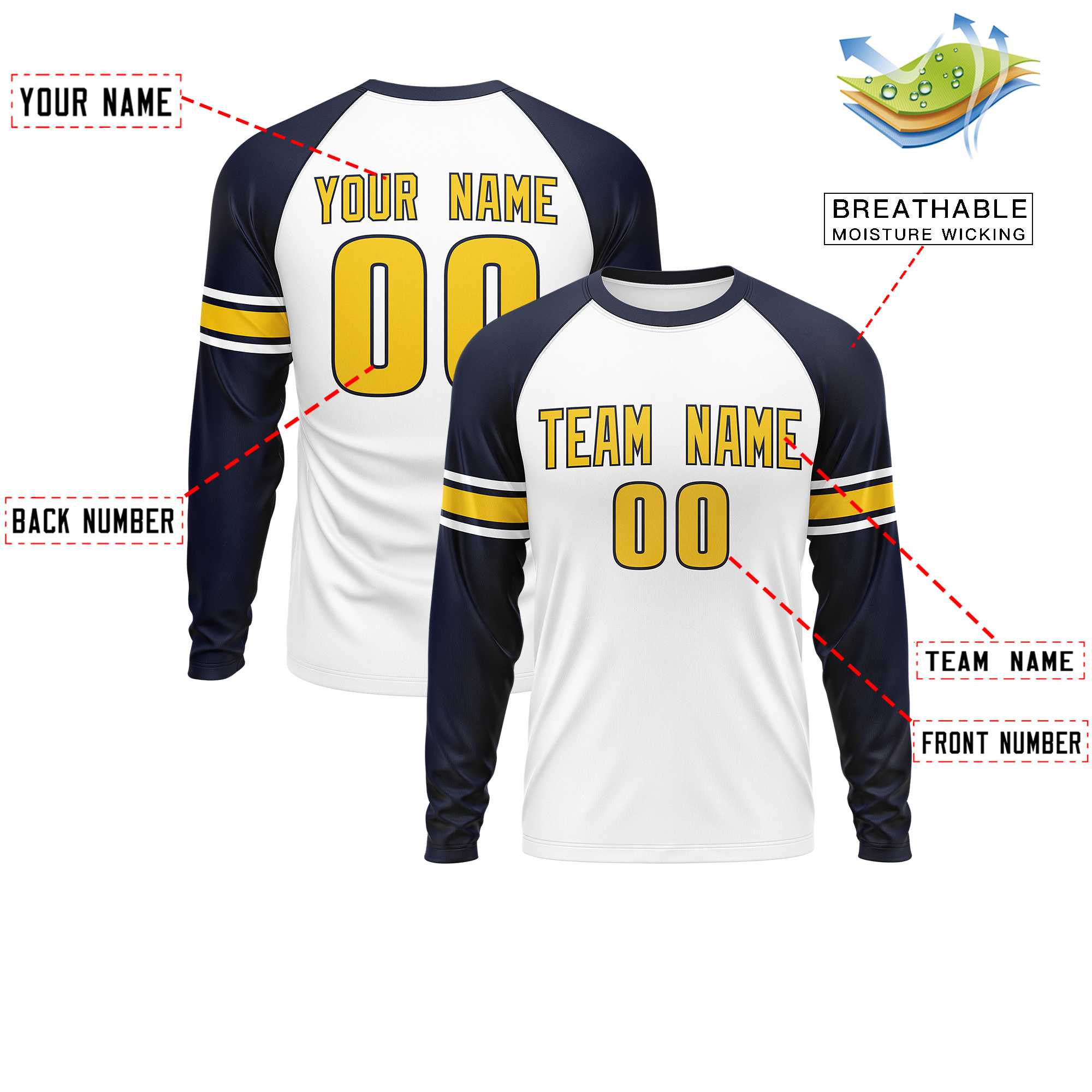 Custom White Navy Gold Crew Neck Personalized Raglan Long Sleeve Performance T-shirt