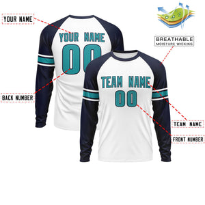 Custom White Navy Aqua Crew Neck Personalized Raglan Long Sleeve Performance T-shirt