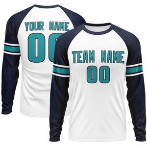 Custom White Navy Aqua Crew Neck Personalized Raglan Long Sleeve Performance T-shirt