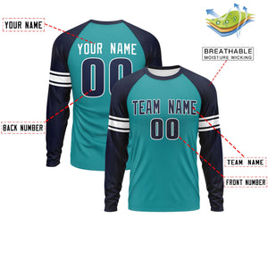 Custom Aqua Navy White Crew Neck Personalized Raglan Long Sleeve Performance T-shirt