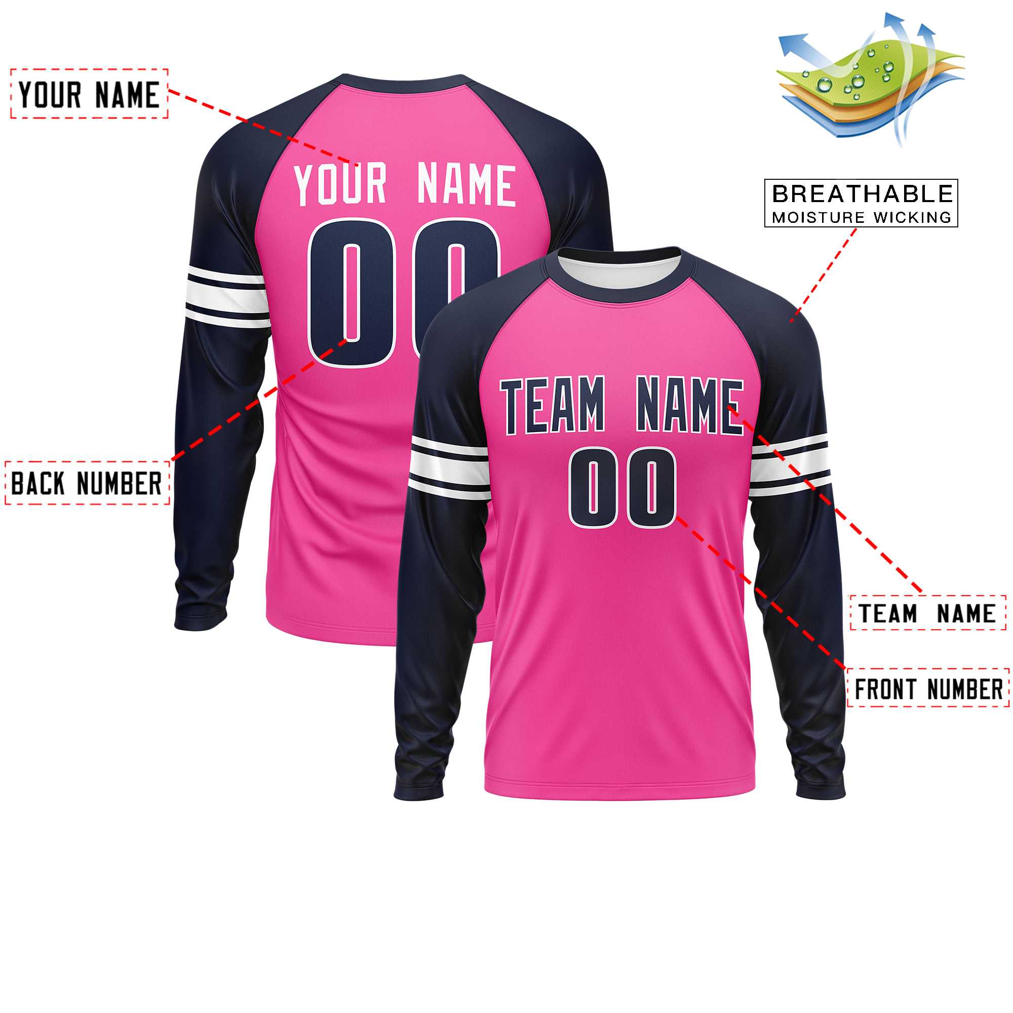 Custom Pink Navy White Crew Neck Personalized Raglan Long Sleeve Performance T-shirt