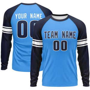 Custom Powder Blue Navy White Crew Neck Personalized Raglan Long Sleeve Performance T-shirt