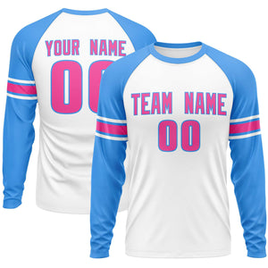 Custom White Powder Blue Pink Crew Neck Personalized Raglan Long Sleeve Performance T-shirt