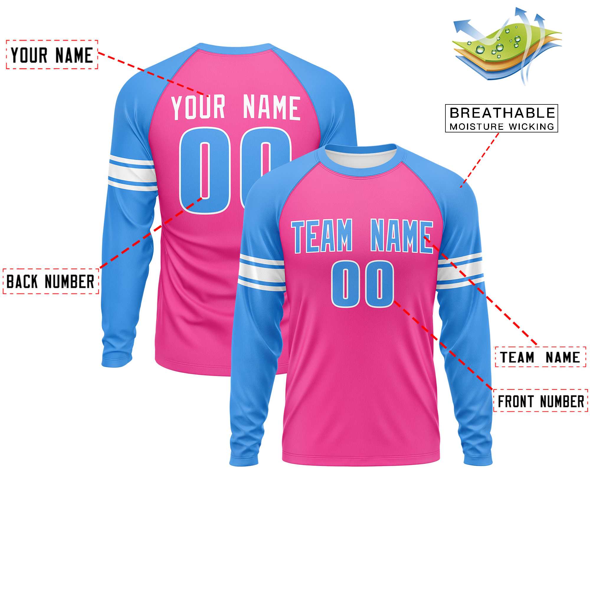 Custom Pink Powder Blue White Crew Neck Personalized Raglan Long Sleeve Performance T-shirt