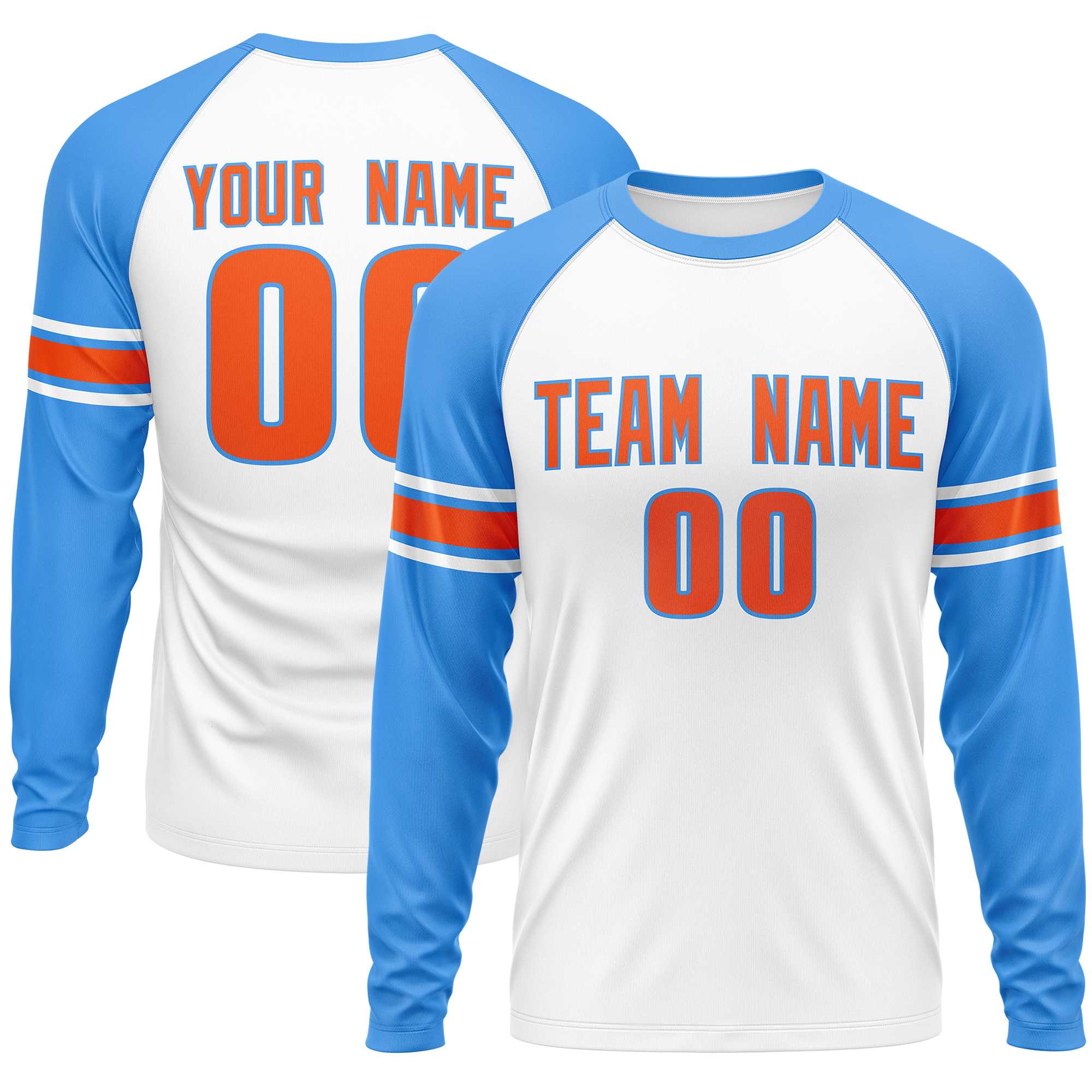 Custom White Powder Blue Orange Crew Neck Personalized Raglan Long Sleeve Performance T-shirt