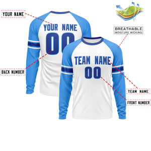 Custom White Powder Blue Royal Crew Neck Personalized Raglan Long Sleeve Performance T-shirt