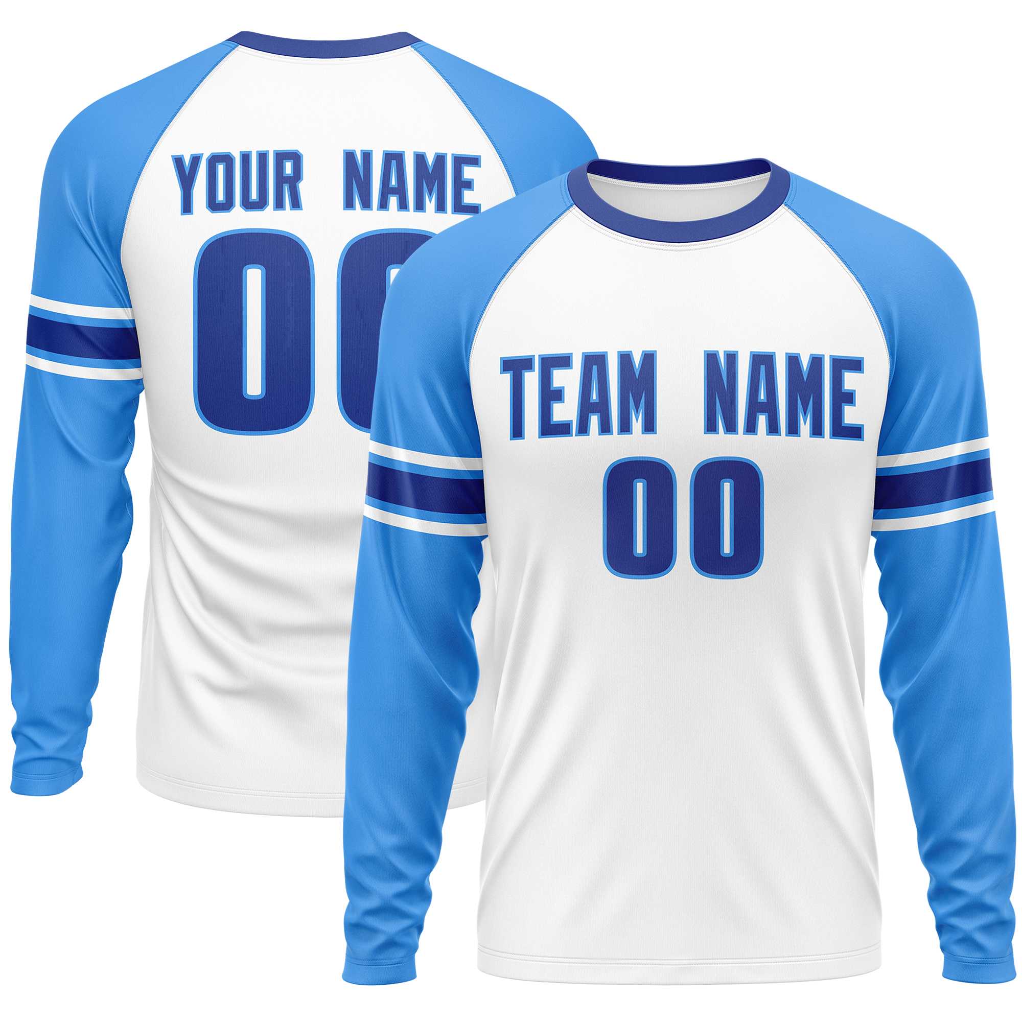 Custom White Powder Blue Royal Crew Neck Personalized Raglan Long Sleeve Performance T-shirt