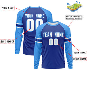 Custom Royal Powder Blue White Crew Neck Personalized Raglan Long Sleeve Performance T-shirt