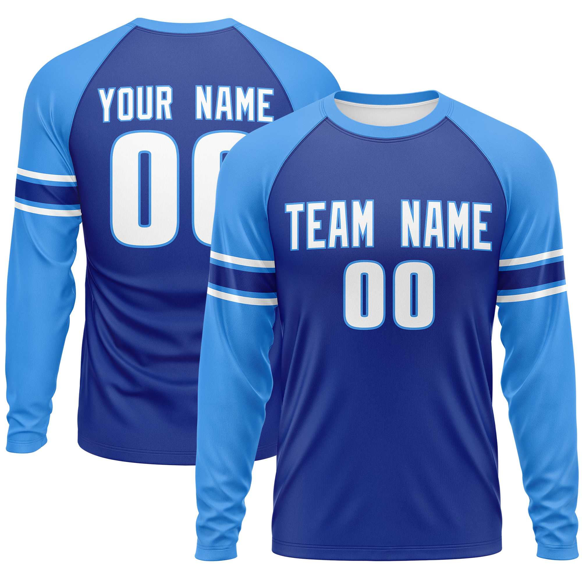 Custom Royal Powder Blue White Crew Neck Personalized Raglan Long Sleeve Performance T-shirt